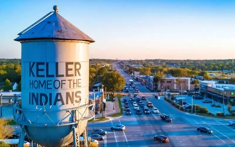 Keller Texas water tower — established suburb with top-rated Keller ISD schools between Southlake and Fort Worth